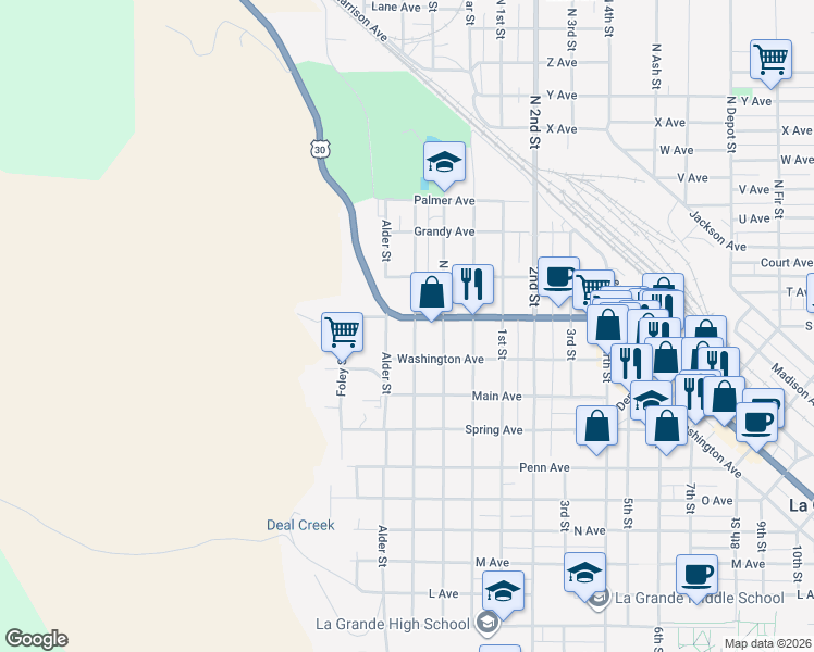 map of restaurants, bars, coffee shops, grocery stores, and more near 2009 Walnut Street in La Grande