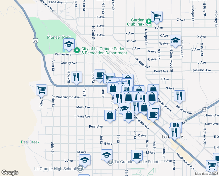 map of restaurants, bars, coffee shops, grocery stores, and more near in La Grande