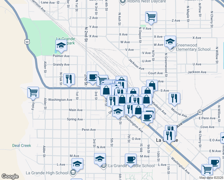 map of restaurants, bars, coffee shops, grocery stores, and more near 216 Chestnut Street in La Grande