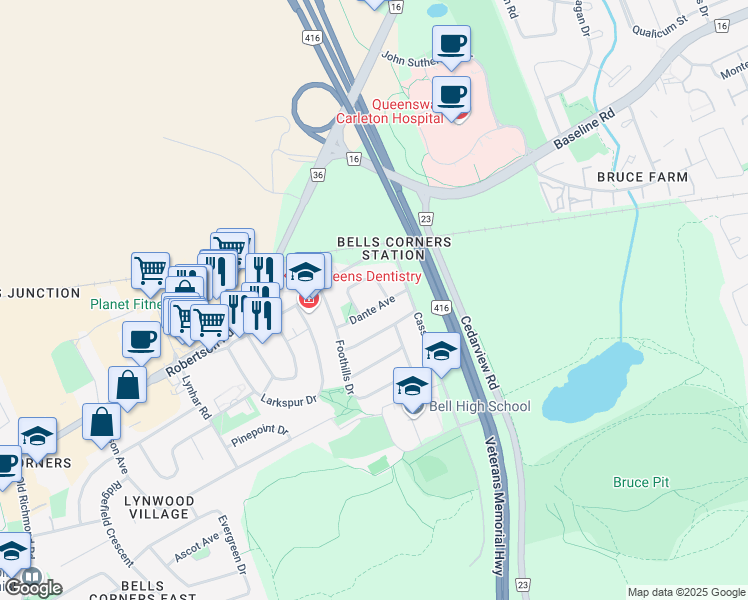 map of restaurants, bars, coffee shops, grocery stores, and more near 7 Dante Avenue in Ottawa