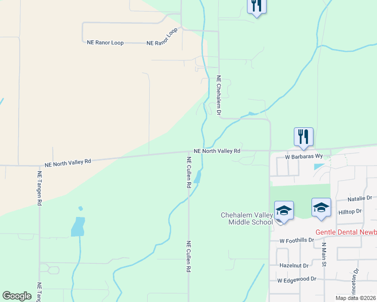 map of restaurants, bars, coffee shops, grocery stores, and more near 24055 Northeast North Valley Road in Newberg