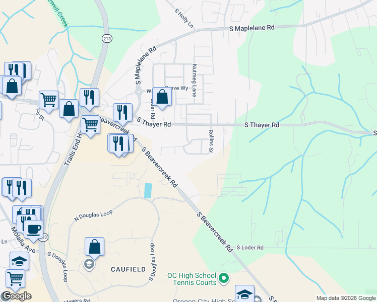 map of restaurants, bars, coffee shops, grocery stores, and more near 19363 South Rollins Street in Oregon City