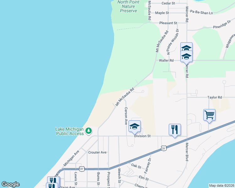 map of restaurants, bars, coffee shops, grocery stores, and more near 8537 Mount McSauba Road in Charlevoix