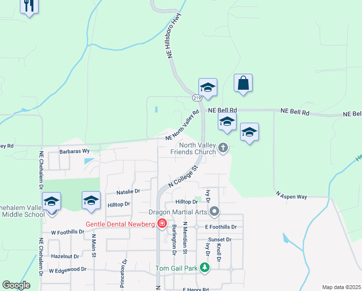 map of restaurants, bars, coffee shops, grocery stores, and more near 4054 North Garden Drive in Newberg