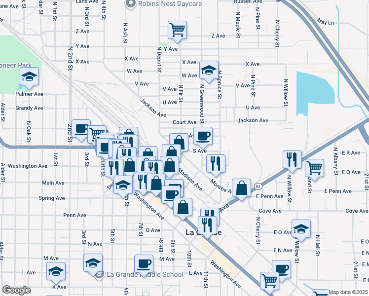 map of restaurants, bars, coffee shops, grocery stores, and more near 1901 North Fir Street in La Grande