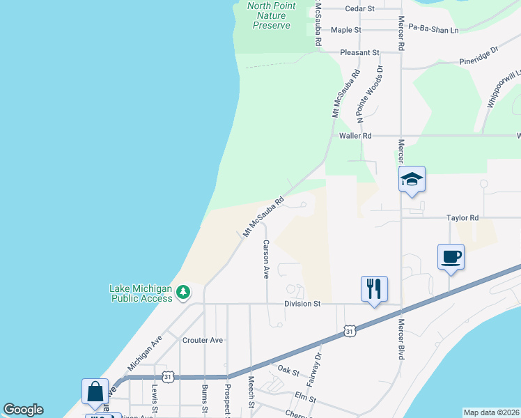 map of restaurants, bars, coffee shops, grocery stores, and more near 8537 Mount McSauba Road in Charlevoix