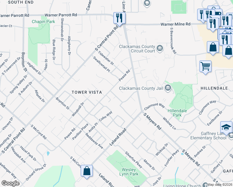 map of restaurants, bars, coffee shops, grocery stores, and more near 12405 Cominger Drive in Oregon City