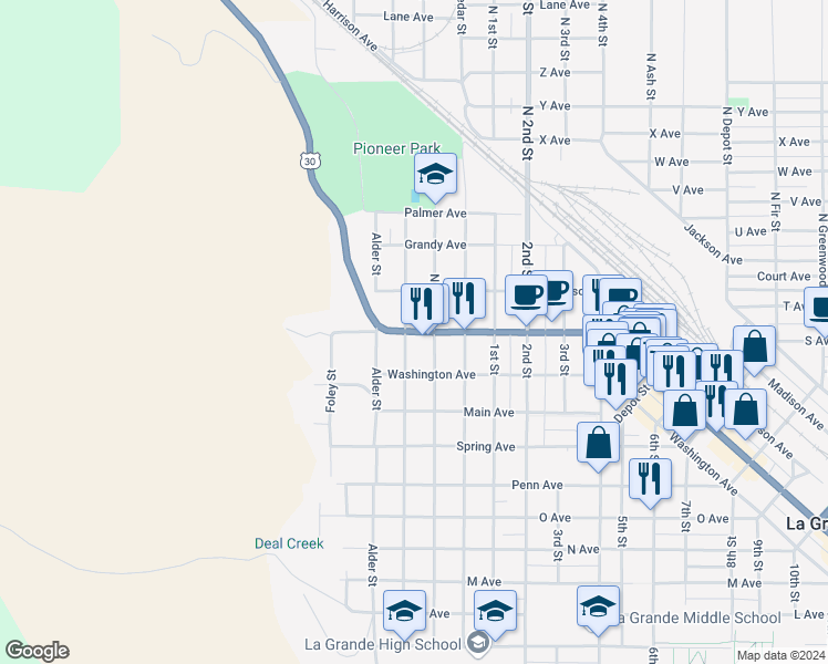 map of restaurants, bars, coffee shops, grocery stores, and more near 2009 Walnut Street in La Grande