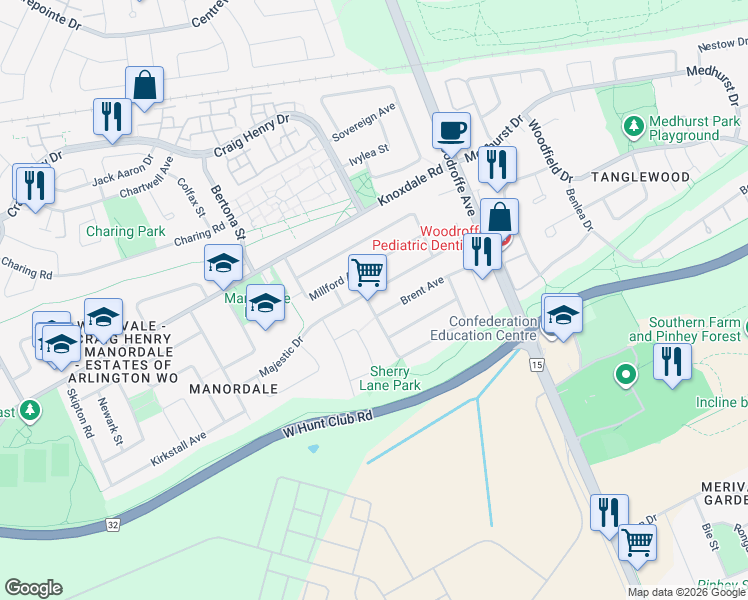 map of restaurants, bars, coffee shops, grocery stores, and more near 44 Sherry Lane in Ottawa