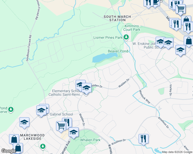 map of restaurants, bars, coffee shops, grocery stores, and more near 13 Cecil Walden Ridge in Ottawa