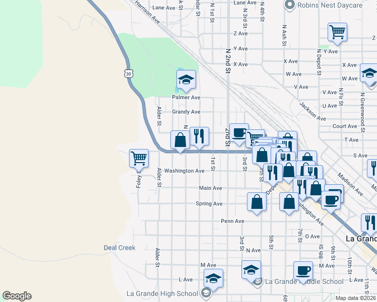 map of restaurants, bars, coffee shops, grocery stores, and more near 2005 Oak Street in La Grande