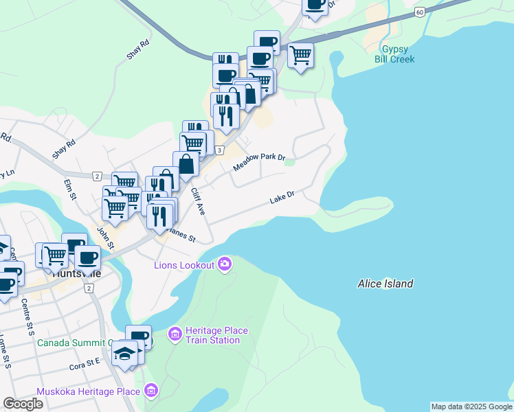 map of restaurants, bars, coffee shops, grocery stores, and more near 1-31 Lake Drive in Huntsville