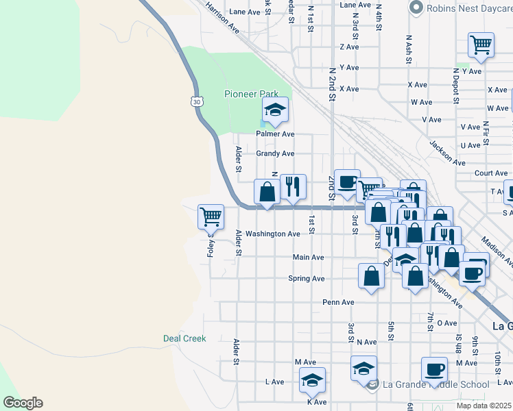 map of restaurants, bars, coffee shops, grocery stores, and more near 2009 Walnut St in La Grande