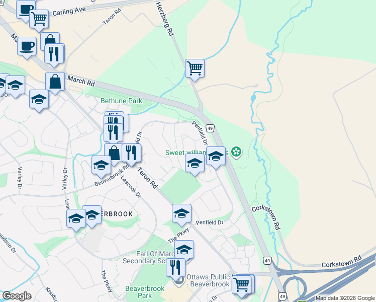 map of restaurants, bars, coffee shops, grocery stores, and more near 15 Selwyn Crescent in Ottawa