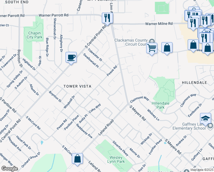 map of restaurants, bars, coffee shops, grocery stores, and more near 19069 Dallas Street in Oregon City