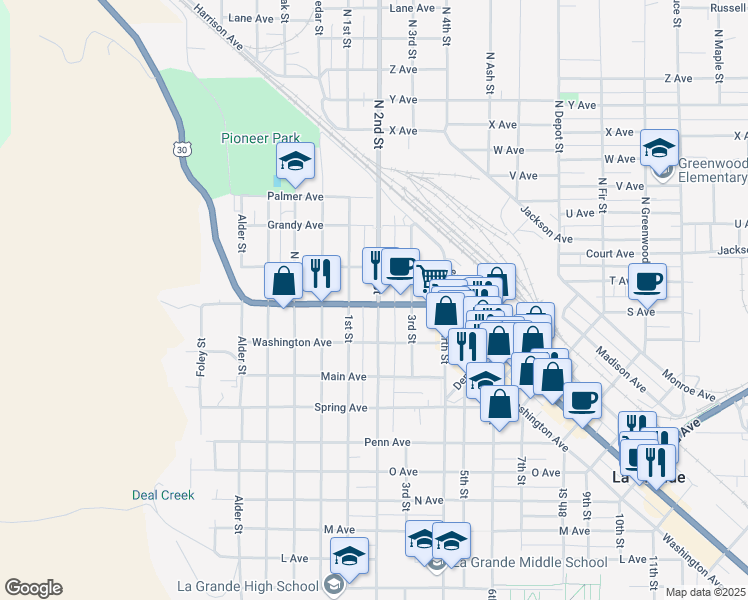 map of restaurants, bars, coffee shops, grocery stores, and more near 2014 2nd Street in La Grande
