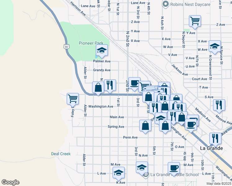 map of restaurants, bars, coffee shops, grocery stores, and more near 607 Adams Avenue in La Grande