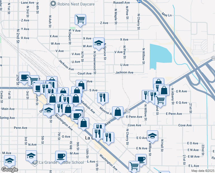 map of restaurants, bars, coffee shops, grocery stores, and more near 1903 North Spruce Street in La Grande