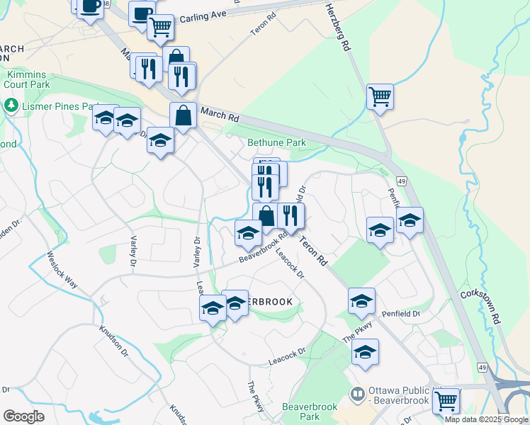 map of restaurants, bars, coffee shops, grocery stores, and more near 1 Beaverbrook Lane in Ottawa