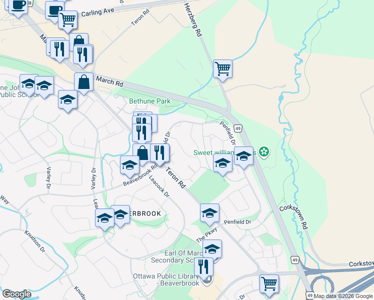 map of restaurants, bars, coffee shops, grocery stores, and more near 27 Rutherford Crescent in Ottawa