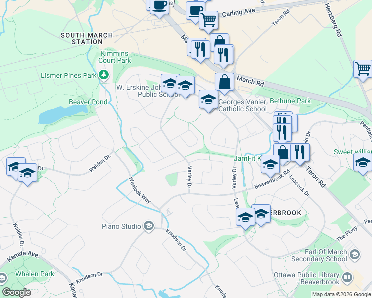 map of restaurants, bars, coffee shops, grocery stores, and more near 35 Riopelle Court in Ottawa