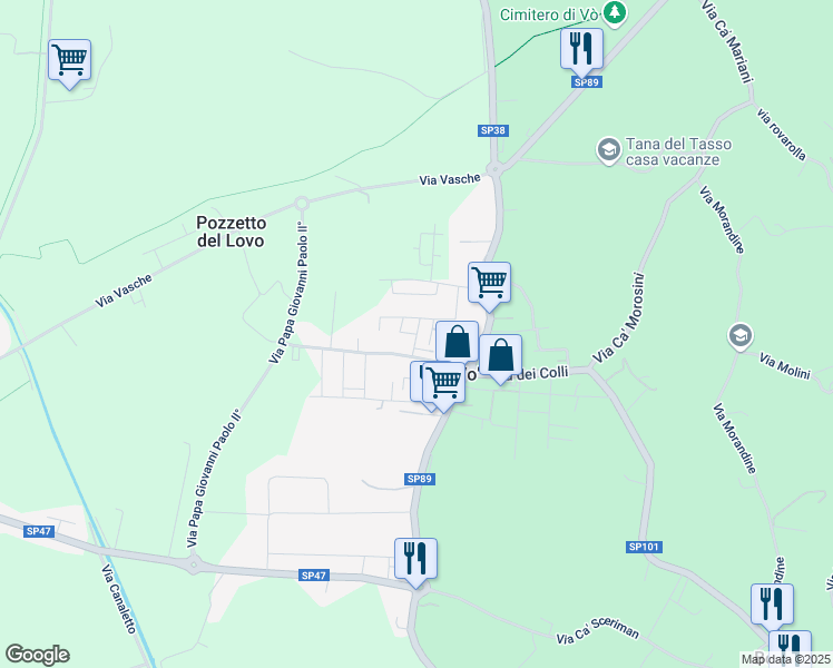 map of restaurants, bars, coffee shops, grocery stores, and more near 59 Via Suor F. Toniolo in Vo'