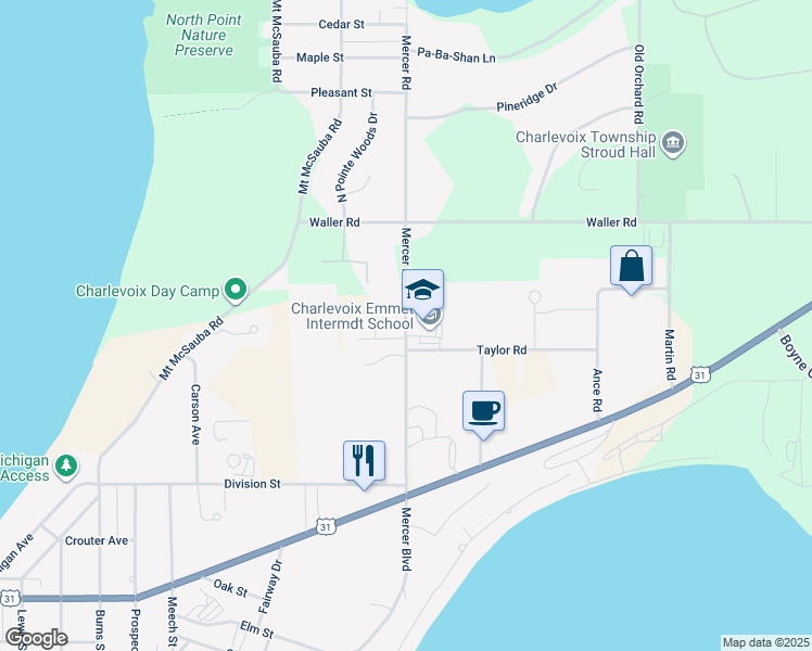map of restaurants, bars, coffee shops, grocery stores, and more near 8700 Mercer Road in Charlevoix