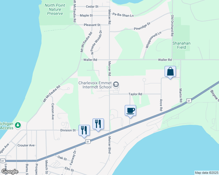 map of restaurants, bars, coffee shops, grocery stores, and more near 8700 Mercer Road in Charlevoix