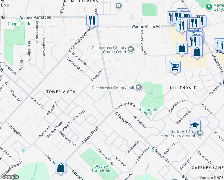 map of restaurants, bars, coffee shops, grocery stores, and more near 19090 Leland Road in Oregon City