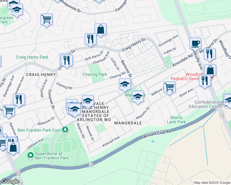 map of restaurants, bars, coffee shops, grocery stores, and more near 4 Aurora Crescent in Ottawa