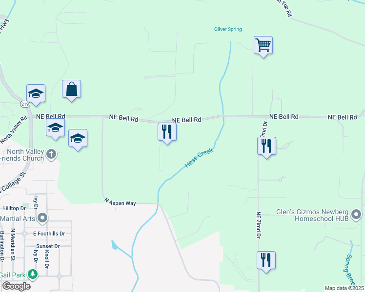 map of restaurants, bars, coffee shops, grocery stores, and more near 27370 Northeast Bell Road in Newberg