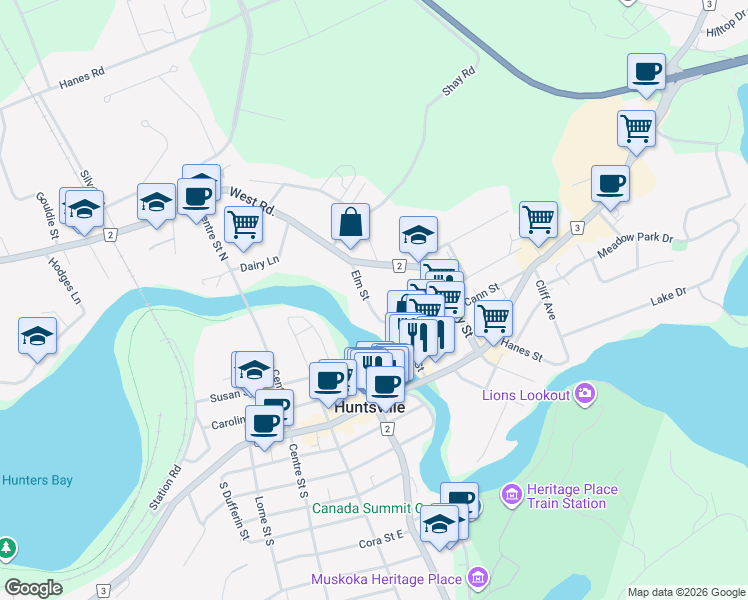 map of restaurants, bars, coffee shops, grocery stores, and more near 8 Elm Street in Huntsville
