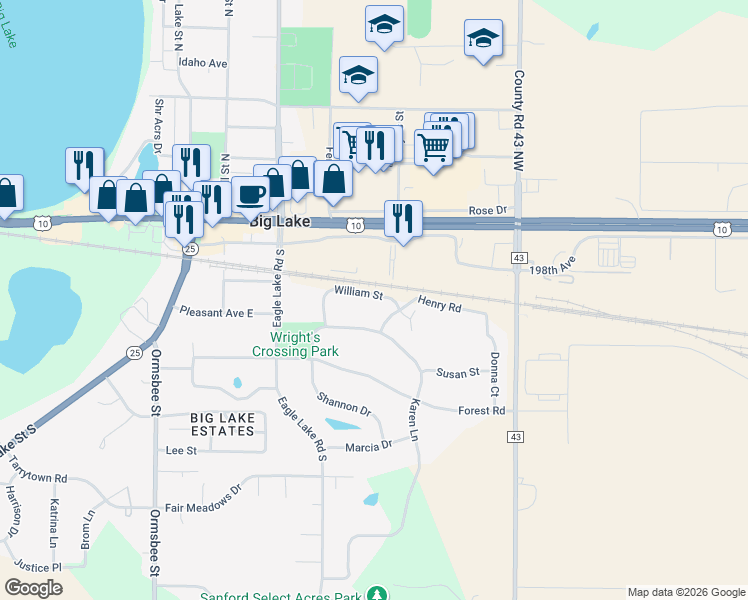 map of restaurants, bars, coffee shops, grocery stores, and more near 595 William Street in Big Lake