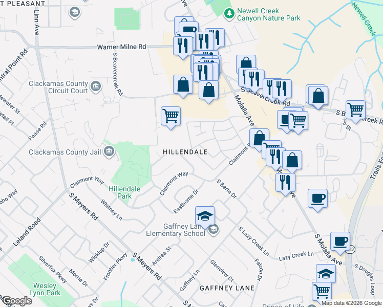 map of restaurants, bars, coffee shops, grocery stores, and more near 13531 Clairmont Way in Oregon City