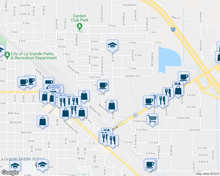 map of restaurants, bars, coffee shops, grocery stores, and more near 1903 North Spruce Street in La Grande