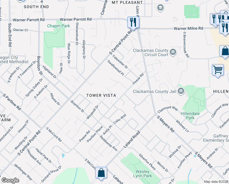map of restaurants, bars, coffee shops, grocery stores, and more near 12241 Mimosa Way in Oregon City