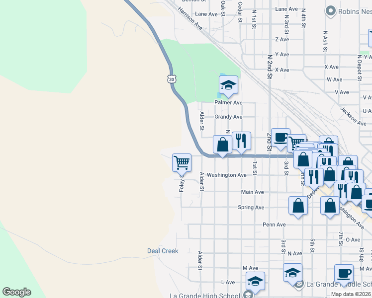 map of restaurants, bars, coffee shops, grocery stores, and more near 201 Terrace Avenue in La Grande
