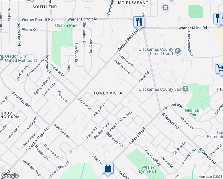 map of restaurants, bars, coffee shops, grocery stores, and more near 12450 Shenandoah Drive in Oregon City