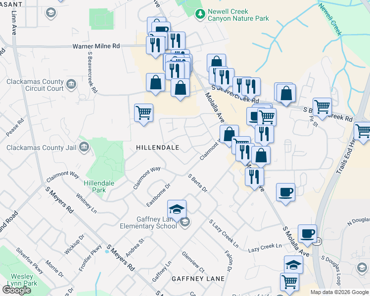map of restaurants, bars, coffee shops, grocery stores, and more near 13531 Clairmont Way in Oregon City