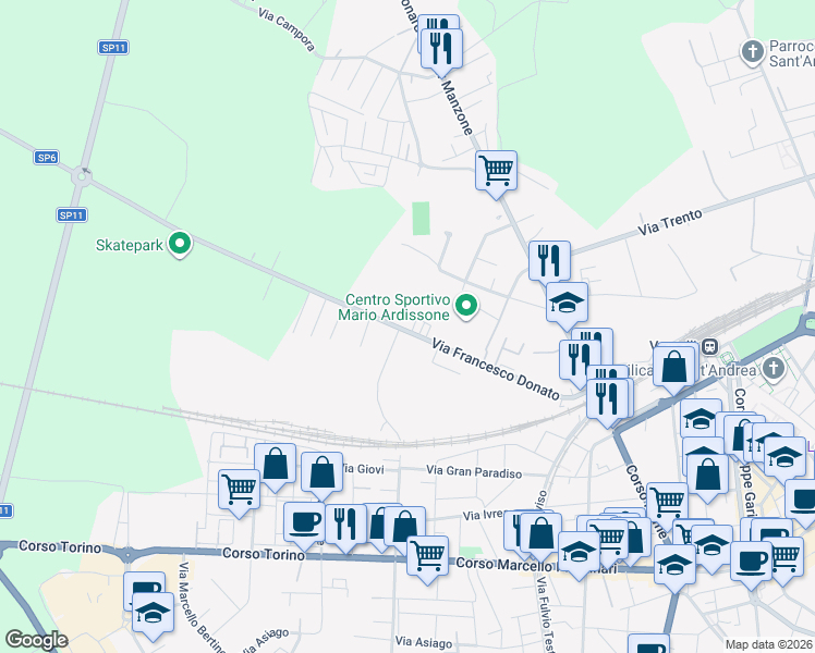 map of restaurants, bars, coffee shops, grocery stores, and more near 22 Via Francesco Donato in Vercelli