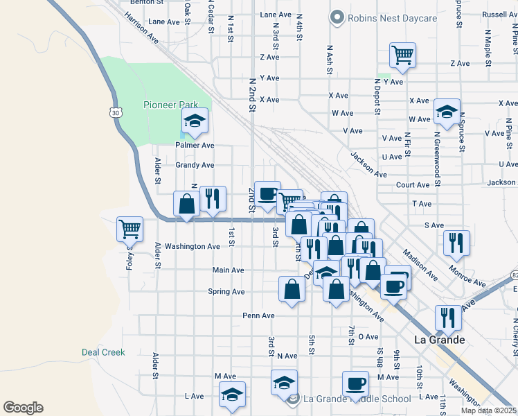 map of restaurants, bars, coffee shops, grocery stores, and more near 2014 2nd Street in La Grande