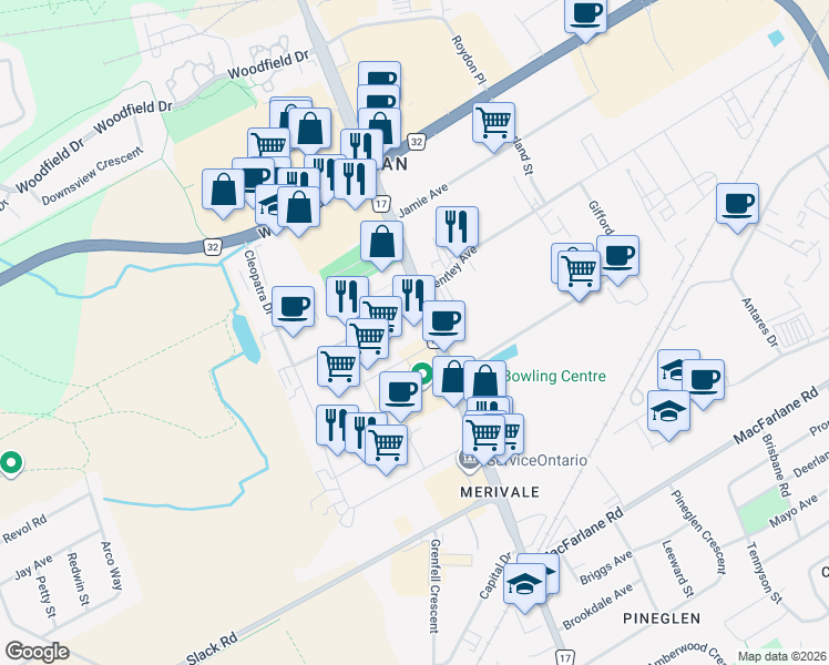 map of restaurants, bars, coffee shops, grocery stores, and more near 1900 Merivale Road in Ottawa