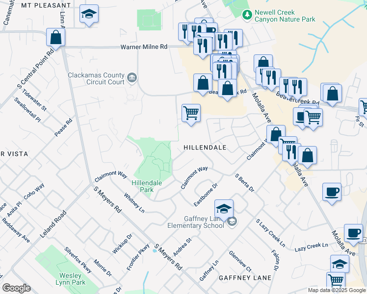 map of restaurants, bars, coffee shops, grocery stores, and more near 13261 Roseberry Avenue in Oregon City