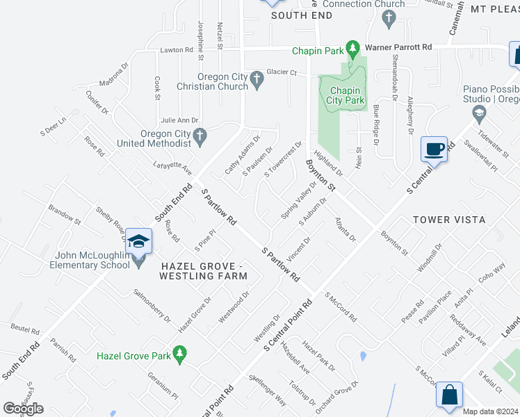 map of restaurants, bars, coffee shops, grocery stores, and more near 19346 Towercrest Drive in Oregon City