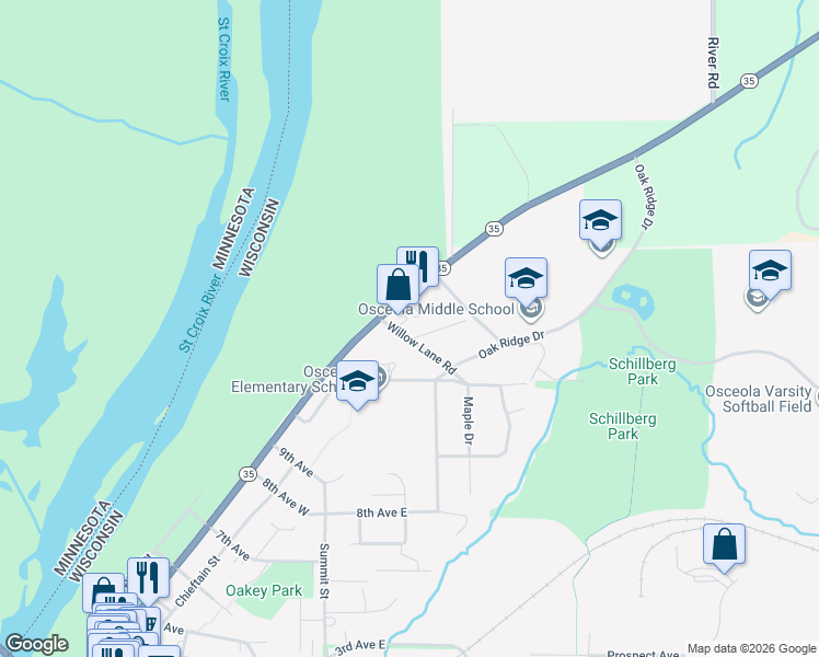 map of restaurants, bars, coffee shops, grocery stores, and more near 203 Willow Lane Road in Osceola