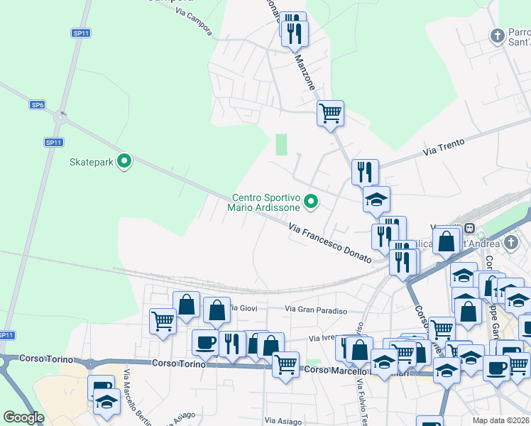 map of restaurants, bars, coffee shops, grocery stores, and more near 22 Via Francesco Donato in Vercelli