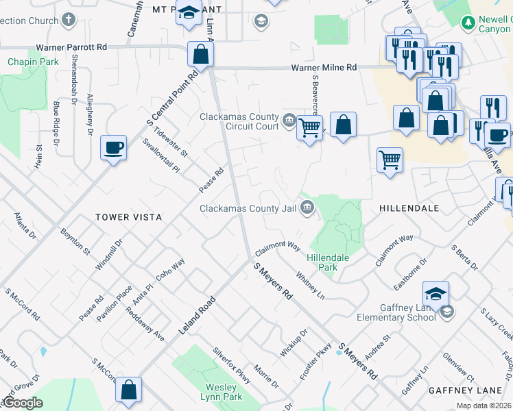 map of restaurants, bars, coffee shops, grocery stores, and more near 19090 Leland Road in Oregon City