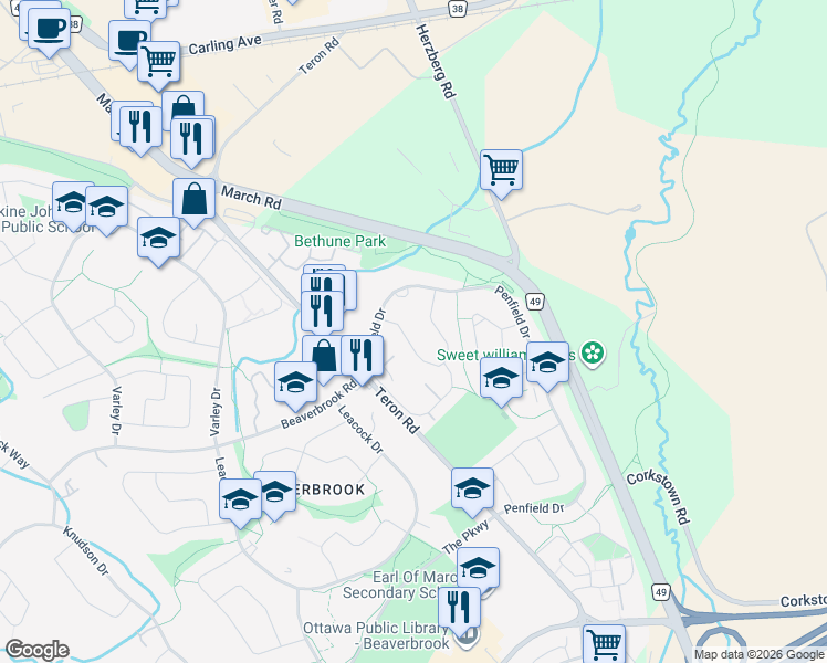 map of restaurants, bars, coffee shops, grocery stores, and more near 27 Rutherford Crescent in Ottawa