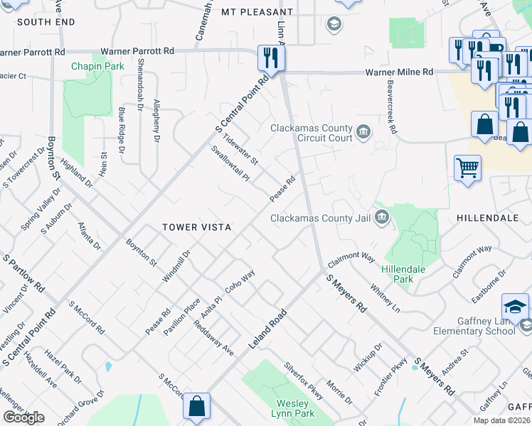 map of restaurants, bars, coffee shops, grocery stores, and more near 19050 South Pease Road in Oregon City