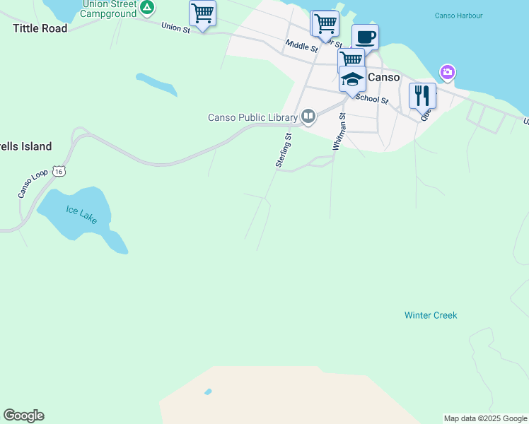 map of restaurants, bars, coffee shops, grocery stores, and more near 390 Sterling Street in Canso